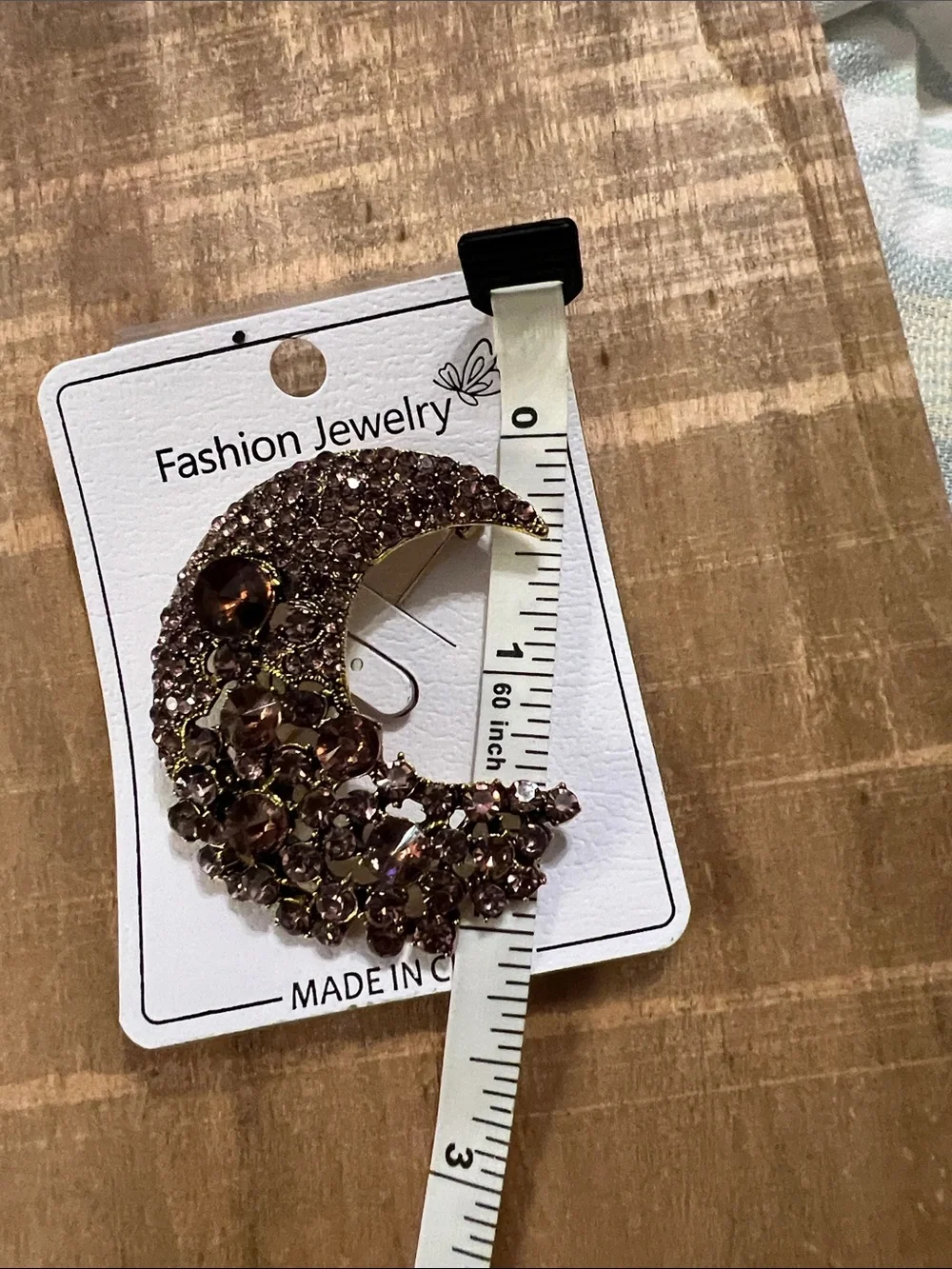 3/$18 Fashion Jewelry Gold-Tone Crescent Moon Brooch with Brown Crystals - 6072